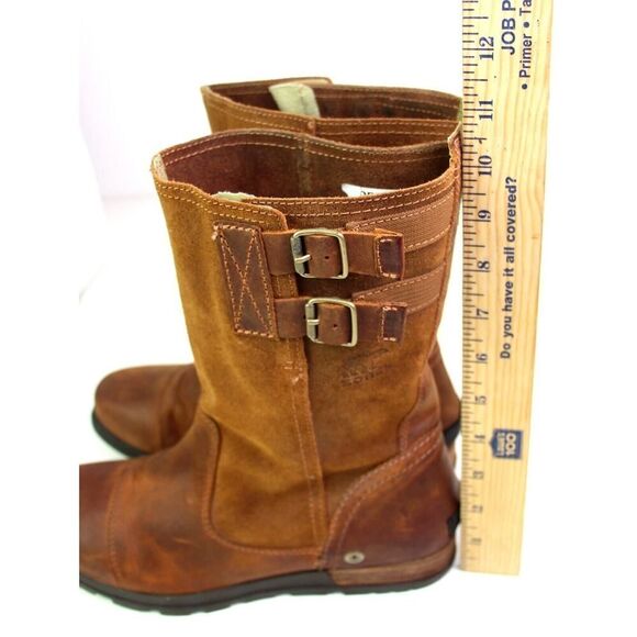 Sorel BROWN GENUINE LEATHER LOW HEEL ROUND TOE FLAT BUCKLE BELTED BOOTS Sz 8 - Picture 10 of 14